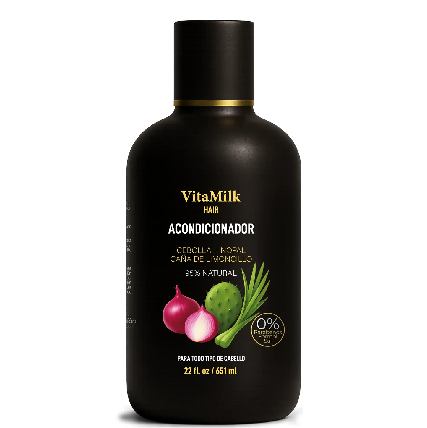 Envase del Acondicionador Cebolla y Nopal VitaMilk Hair, tratamiento capilar que hidrata y fortalece el cabello.