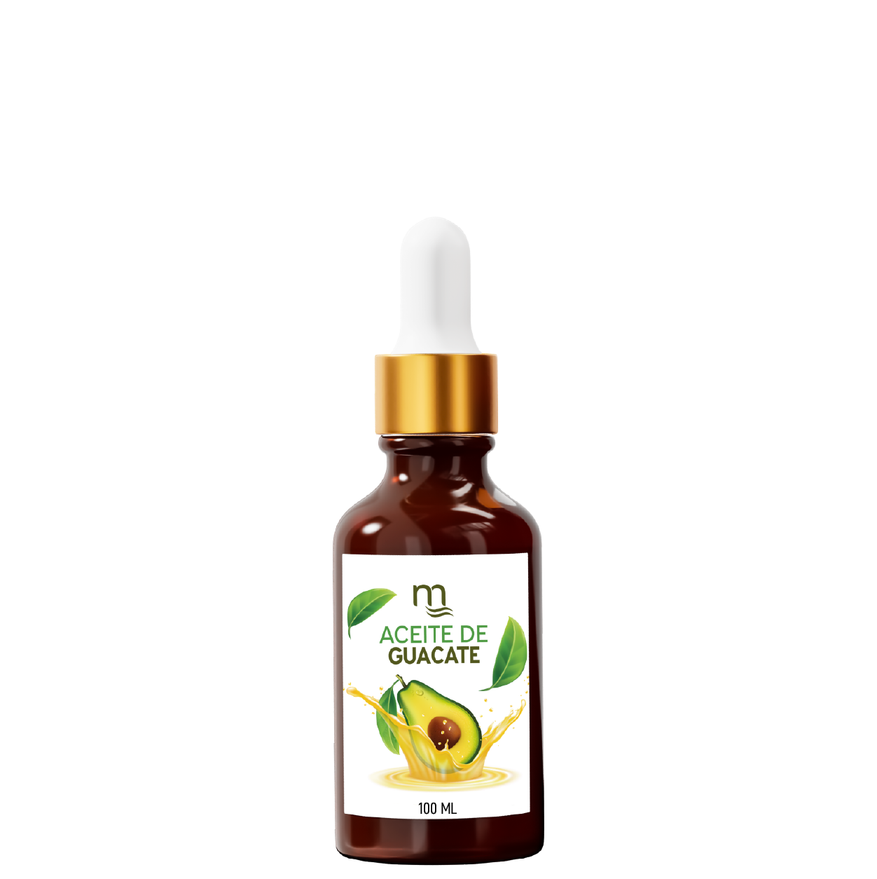 Frasco ámbar de 30 ml con gotero dorado, etiquetado como Aceite de Aguacate natmirelys. La etiqueta muestra un aguacate partido y hojas verdes, representando un producto natural para el cuidado capilar y de la piel."