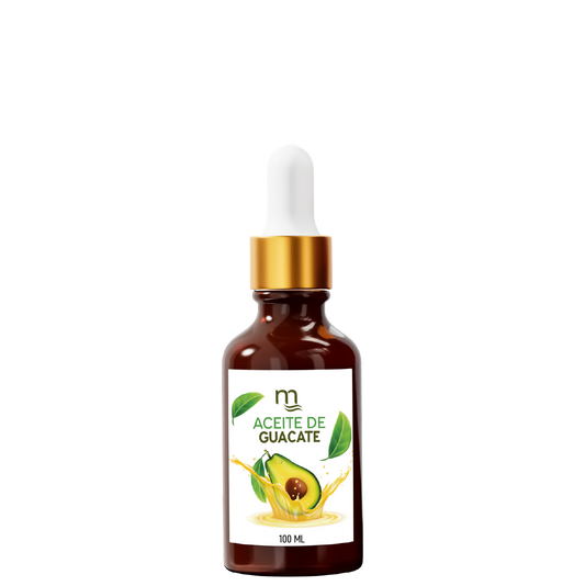 Frasco ámbar de 30 ml con gotero dorado, etiquetado como Aceite de Aguacate natmirelys. La etiqueta muestra un aguacate partido y hojas verdes, representando un producto natural para el cuidado capilar y de la piel."