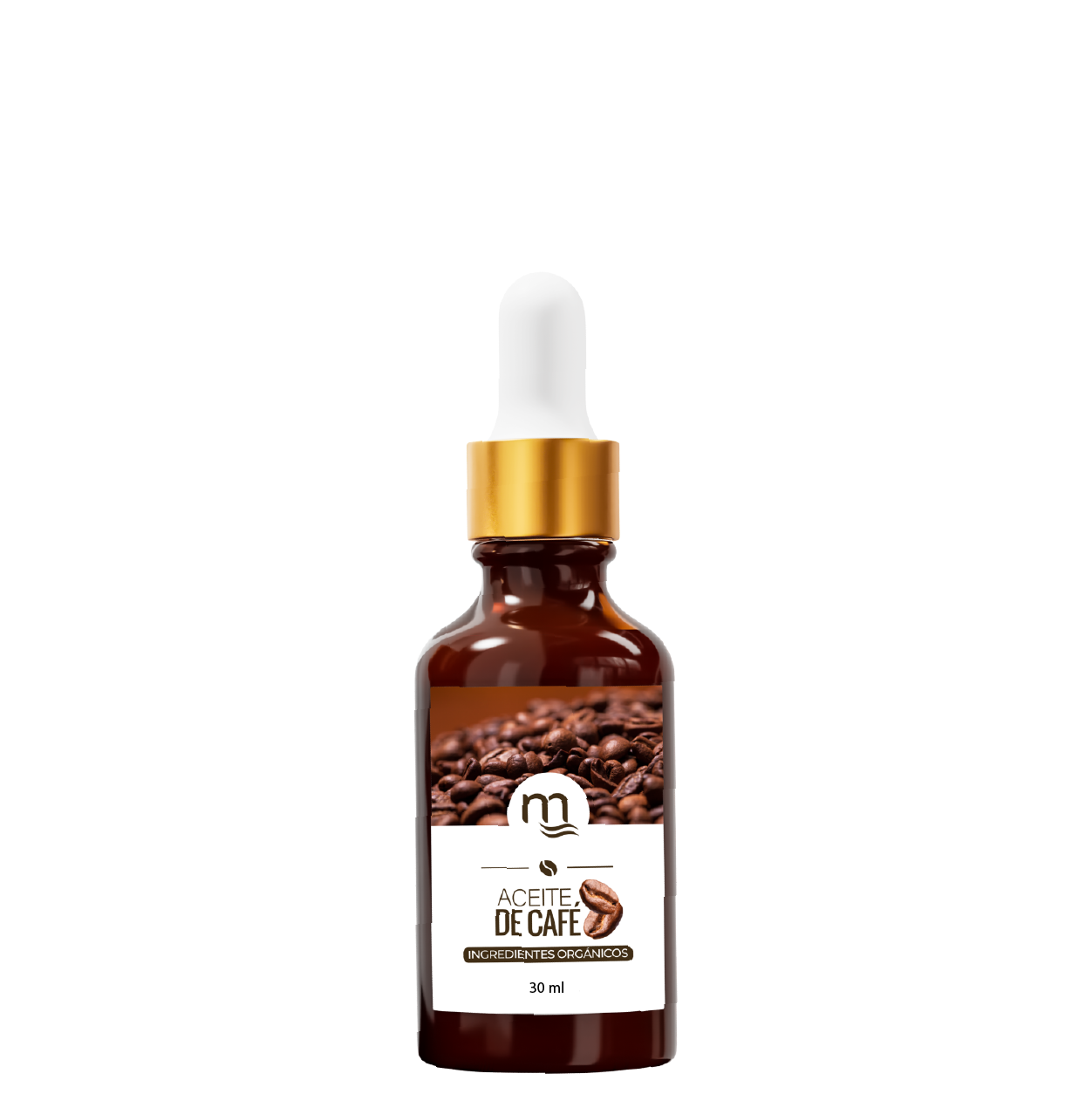 Frasco ámbar de 30 ml con gotero dorado, etiquetado como Aceite de Café natmirelys. La etiqueta muestra granos de café y el texto ‘ingredientes orgánicos’, representando un producto natural para fortalecer y estimular el crecimiento capilar.