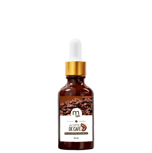 Frasco ámbar de 30 ml con gotero dorado, etiquetado como Aceite de Café natmirelys. La etiqueta muestra granos de café y el texto ‘ingredientes orgánicos’, representando un producto natural para fortalecer y estimular el crecimiento capilar.