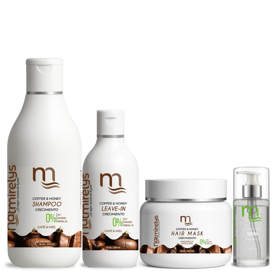 Combo de Crecimiento e Hidratación Profunda de 3 Pasos: Pre-Shampoo, Shampoo Energizante y Mascarilla Nutritiva. Fórmula con café y miel para fortalecer la raíz, estimular el crecimiento y nutrir profundamente el cabello.