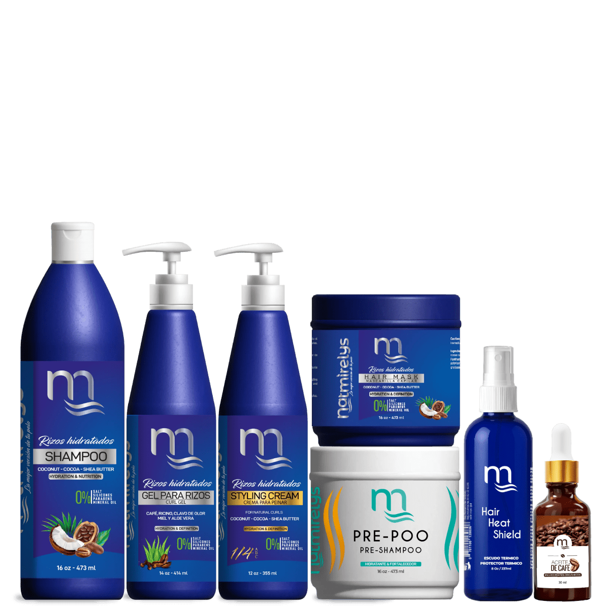 Línea Rizos Hidratados Completa + Protector Térmico y Aceite de Café - Natmirelys