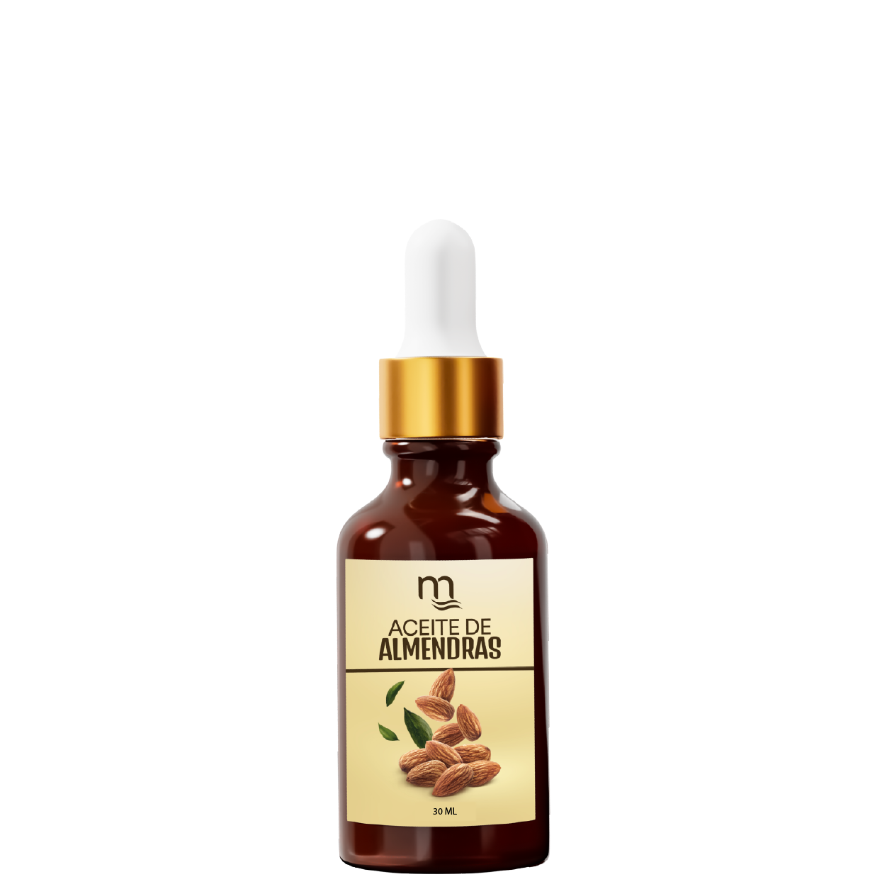 Frasco ámbar de 30 ml con gotero dorado, etiquetado como Aceite de Almendras natmirelys. La etiqueta muestra almendras naturales y hojas verdes, representando un producto nutritivo para el cabello y la piel.