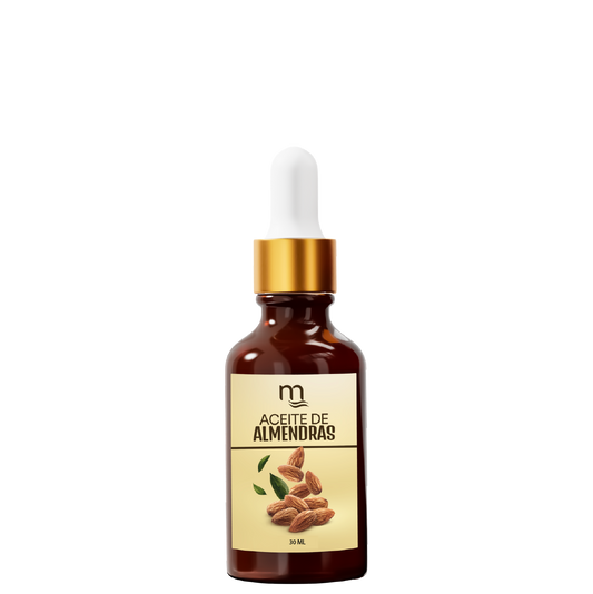 Frasco ámbar de 30 ml con gotero dorado, etiquetado como Aceite de Almendras natmirelys. La etiqueta muestra almendras naturales y hojas verdes, representando un producto nutritivo para el cabello y la piel.