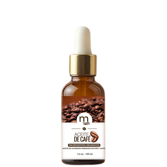 Frasco ámbar de 30 ml con gotero dorado, etiquetado como Aceite de Café natmirelys. La etiqueta muestra granos de café y el texto ‘ingredientes orgánicos’, representando un producto natural para fortalecer y estimular el crecimiento capilar.