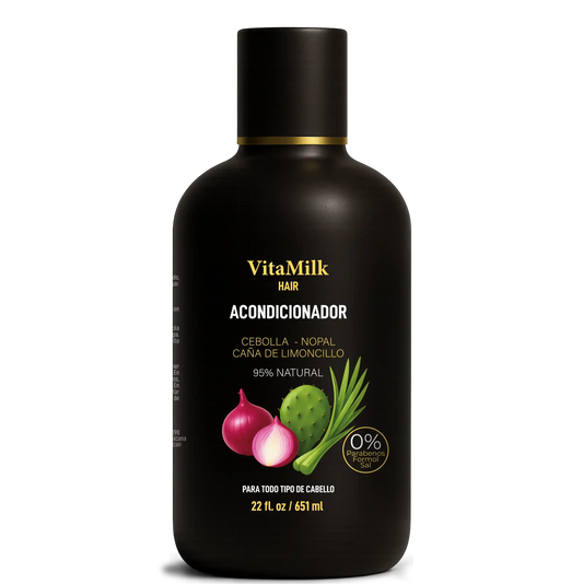 Envase del Acondicionador Cebolla y Nopal VitaMilk Hair, tratamiento capilar que hidrata y fortalece el cabello.