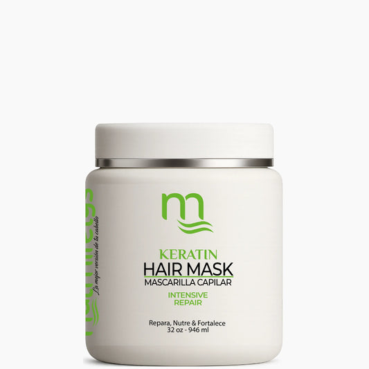 Envase blanco de 32 oz (946 ml) de Mascarilla Capilar Keratin Hair Mask natmirelys. En la etiqueta se destacan sus beneficios de reparación intensiva, nutrición y fortalecimiento. Diseño limpio con logo verde.