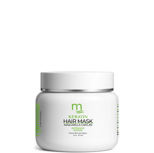Envase blanco de 32 oz (946 ml) de Mascarilla Capilar Keratin Hair Mask natmirelys. En la etiqueta se destacan sus beneficios de reparación intensiva, nutrición y fortalecimiento. Diseño limpio con logo verde.