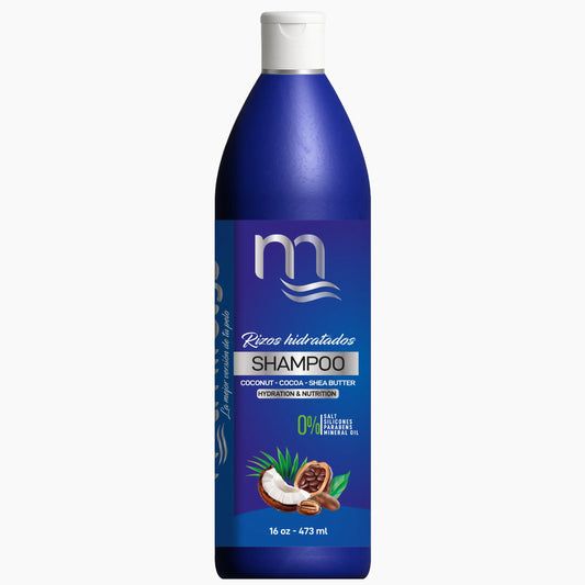 Shampoo hidratante sin sal de la línea Rizos Hidratados de Natmirelys: limpieza suave, hidratación y control del frizz.