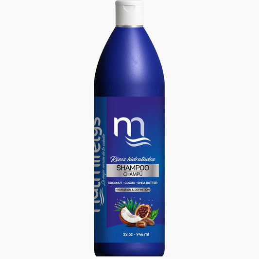 Shampoo hidratante sin sal de la línea Rizos Hidratados de Natmirelys: limpieza suave, hidratación y control del frizz.