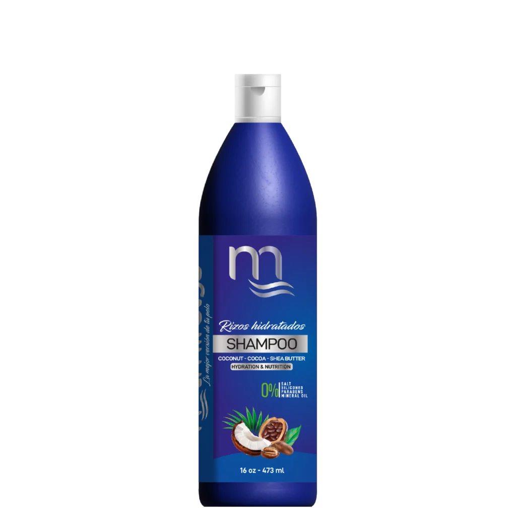Shampoo hidratante sin sal de la línea Rizos Hidratados de Natmirelys: limpieza suave, hidratación y control del frizz.