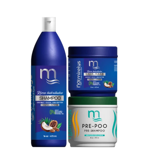 Imagen de tres productos del Lavado Hidratante de Natmirelys: Pre-Shampoo, Shampoo Hidratante y Mascarilla Hidratante, diseñados para todo tipo de cabello.