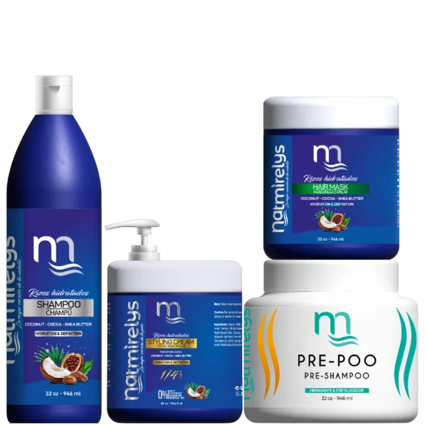 Combo Rizos Hidratados de 4 Pasos: Pre-Shampoo, Shampoo Hidratante, Mascarilla Hidratante y Crema para Peinar. Fórmula nutritiva para definir, hidratar y fortalecer todo tipo de rizos, reduciendo el frizz y mejorando la manejabilidad.
