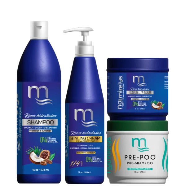 Combo Rizos Hidratados de 4 Pasos: Pre-Shampoo, Shampoo Hidratante, Mascarilla Hidratante y Crema para Peinar. Fórmula nutritiva para definir, hidratar y fortalecer todo tipo de rizos, reduciendo el frizz y mejorando la manejabilidad.