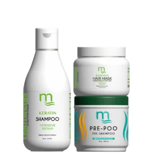 Imagen de tres productos de la Línea Reparadora de Queratina de Natmirelys, diseñada para fortalecer y restaurar el cabello dañado.