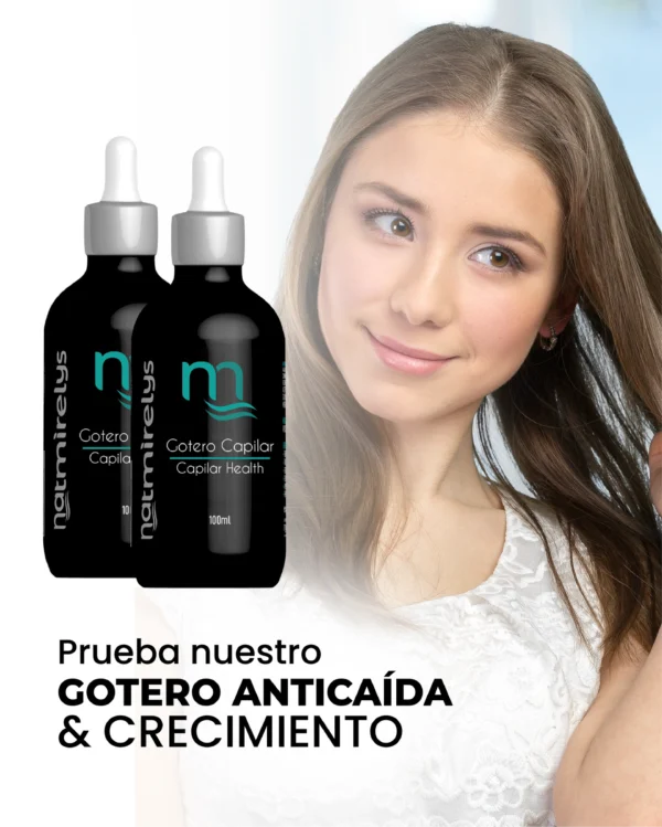Botella de Gotero Capilar Anticaída y Crecimiento de Natmirelys, con fórmula natural para fortalecer el cabello y estimular su crecimiento.