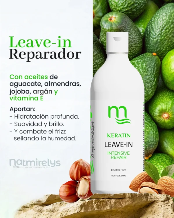 Frasco de Leave-In Reparador de Keratin de Natmirelys con proteína de queratina y aceite de aguacate, ideal para fortalecer y proteger el cabello.