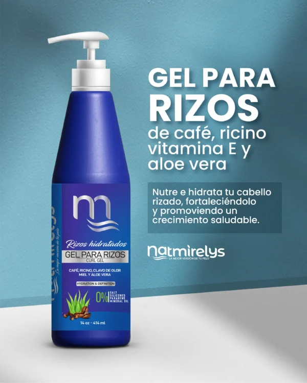 Envase de Gel para Rizos de Natmirelys, ideal para definir, hidratar y controlar el frizz sin residuos ni rigidez.