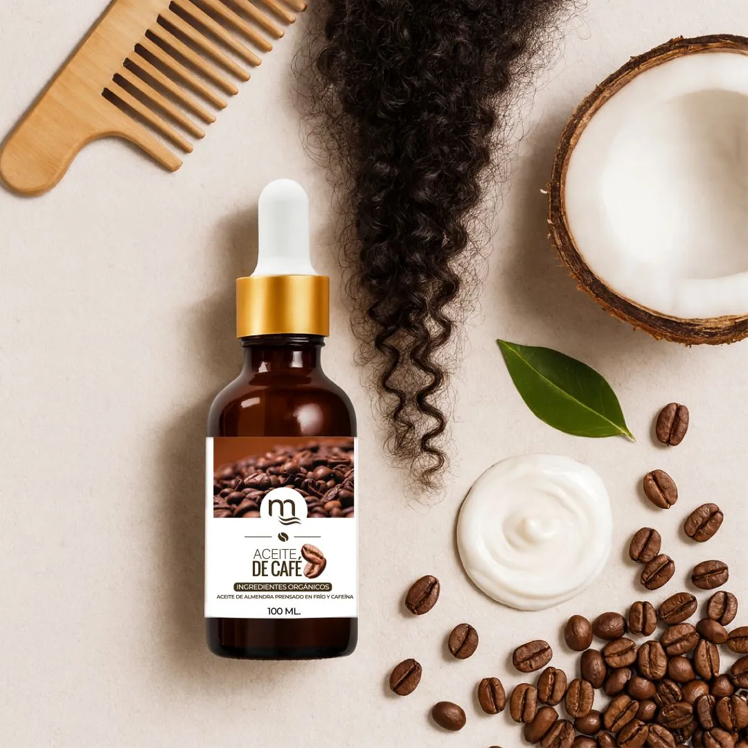Botella de aceite de café con ingredientes naturales para el cabello.