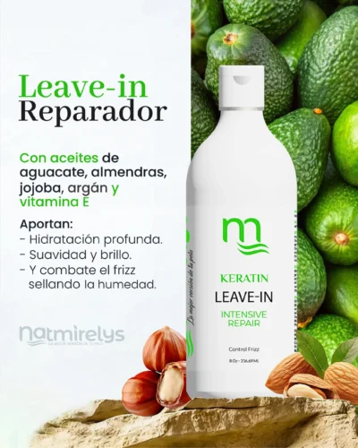Natmirelys Keratin Repair Leave-In Bottle avec protéine de kératine et huile d'avocat, idéal pour renforcer et protéger les cheveux.