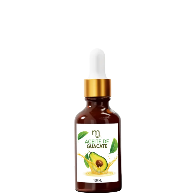 Frasco ámbar de 30 ml con gotero dorado, etiquetado como Aceite de Aguacate natmirelys. La etiqueta muestra un aguacate partido y hojas verdes, representando un producto natural para el cuidado capilar y de la piel."