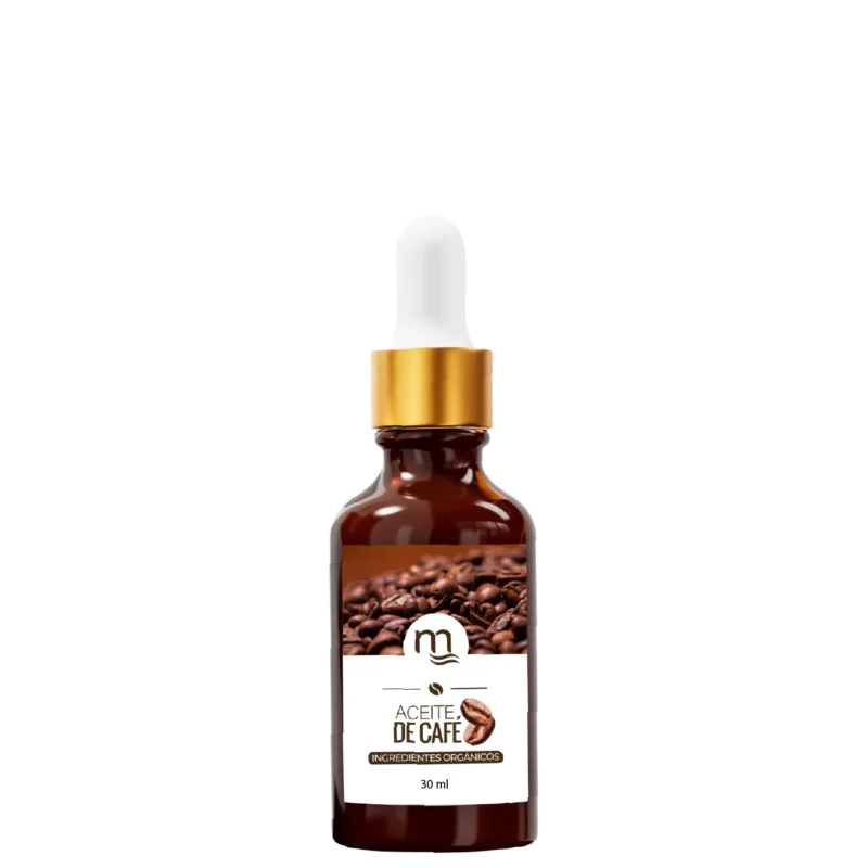 Frasco ámbar de 30 ml con gotero dorado, etiquetado como Aceite de Café natmirelys. La etiqueta muestra granos de café y el texto ‘ingredientes orgánicos’, representando un producto natural para fortalecer y estimular el crecimiento capilar.