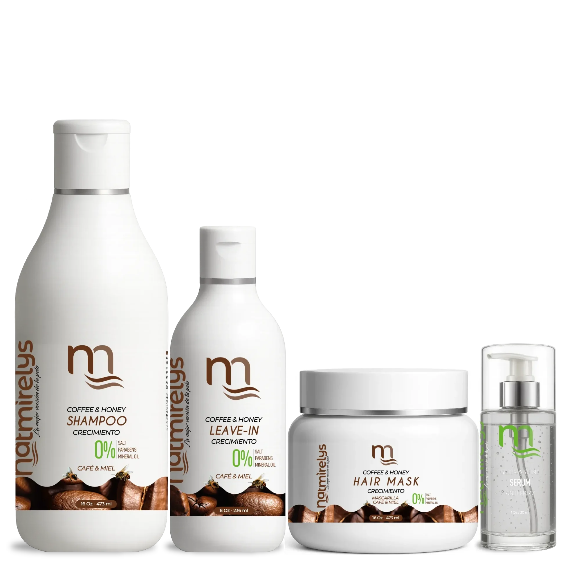 Combo de Crecimiento e Hidratación Profunda de 3 Pasos: Pre-Shampoo, Shampoo Energizante y Mascarilla Nutritiva. Fórmula con café y miel para fortalecer la raíz, estimular el crecimiento y nutrir profundamente el cabello.