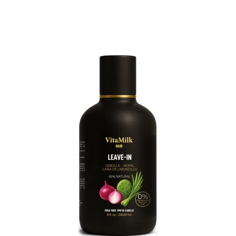 Envase del Leave-In Cebolla y Nopal VitaMilk Hair, crema para peinar que hidrata y estimula el crecimiento del cabello.
