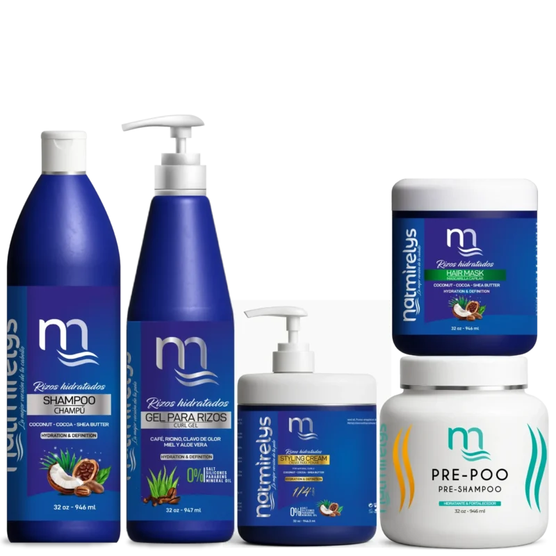 Línea Rizos Hidratados de Natmirelys: rutina completa en 7 pasos para hidratar, definir y proteger los rizos.