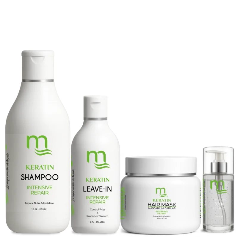 Imagen de los productos de la Línea de Queratina de Natmirelys, diseñados para restaurar, fortalecer y proteger el cabello dañado con proteínas de queratina.