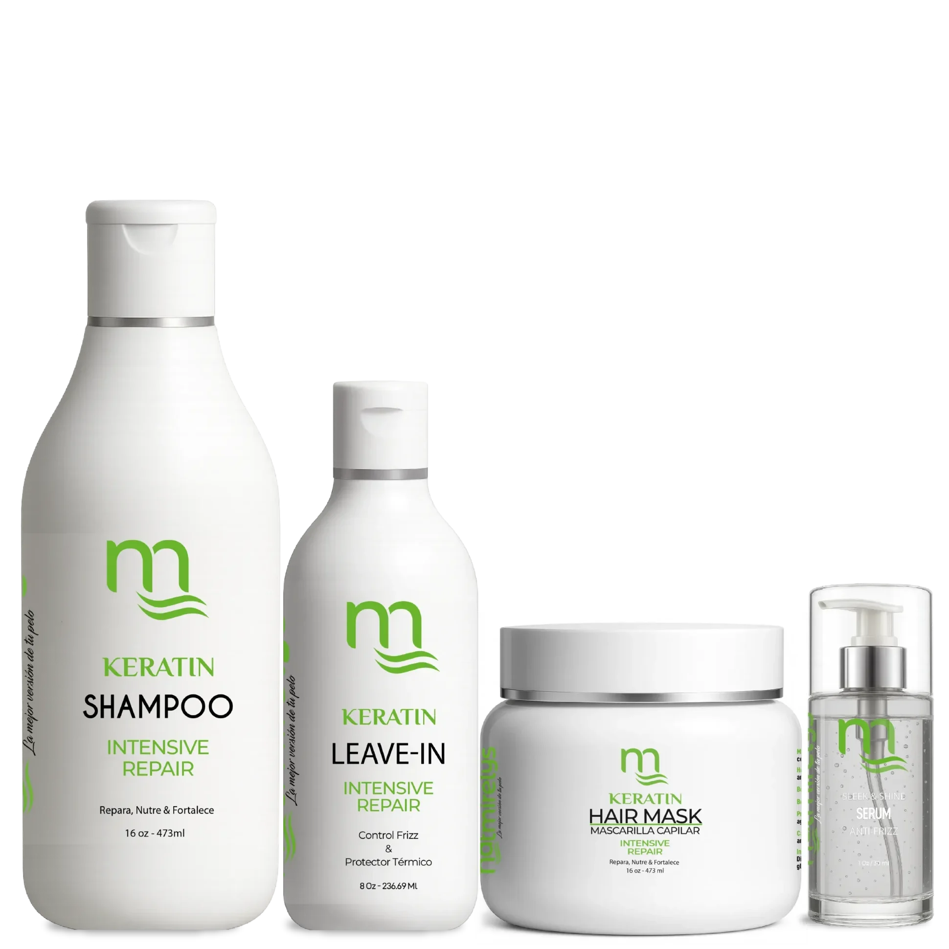 Imagen de los productos de la Línea de Queratina de Natmirelys, diseñados para restaurar, fortalecer y proteger el cabello dañado con proteínas de queratina.