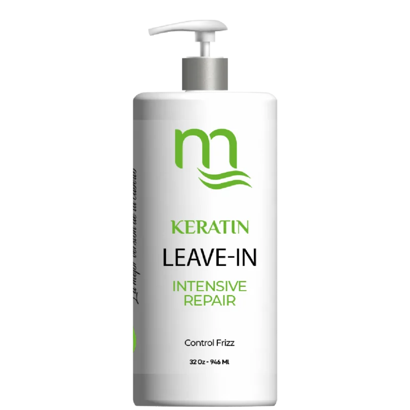Botella blanca de 236 ml (8 oz) de Keratin Leave-In Intensive Repair natmirelys. En la etiqueta se destacan sus beneficios: control del frizz y protector térmico, con logo verde de la marca.