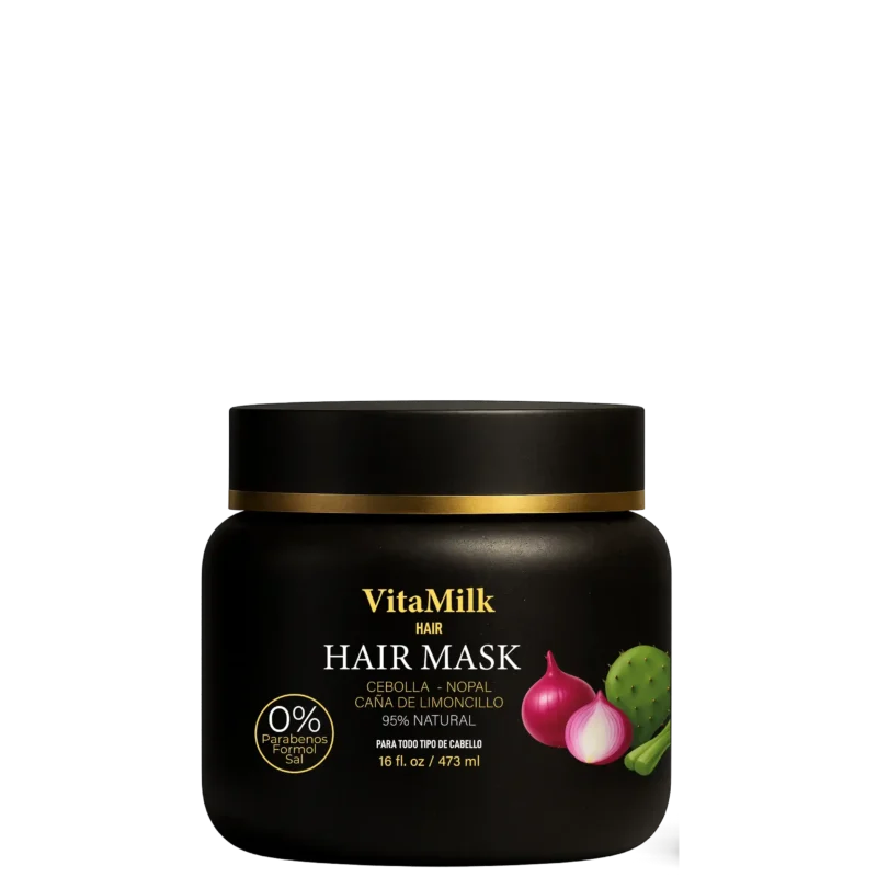Mascarilla capilar VitaMilk Hair de cebolla y nopal en envase negro con tapa dorada, 16 oz, tratamiento natural para el crecimiento y fortalecimiento del cabello.