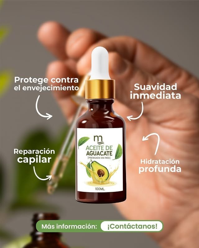 Flacon ambré de 100 ml d'huile d'avocat pressée à froid avec compte-gouttes doré. L'étiquette représente un avocat et des feuilles vertes. Son design met en valeur ses bienfaits : protection anti-âge, réparation capillaire, douceur immédiate et hydratation intense.