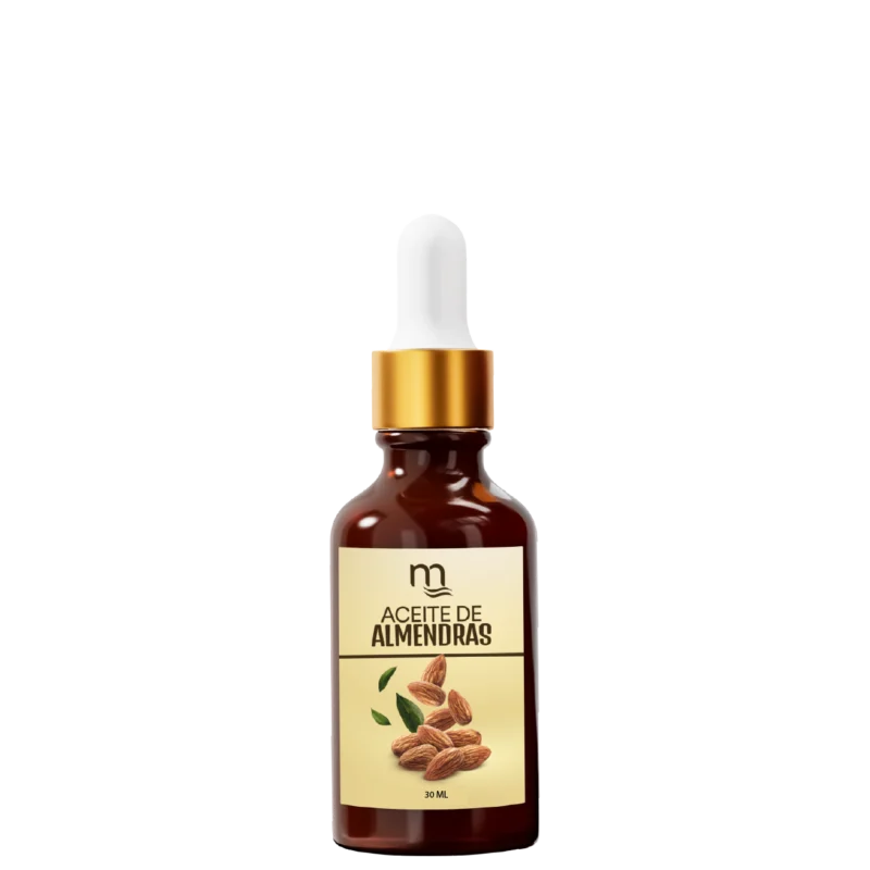 Frasco ámbar de 30 ml con gotero dorado, etiquetado como Aceite de Almendras natmirelys. La etiqueta muestra almendras naturales y hojas verdes, representando un producto nutritivo para el cabello y la piel.