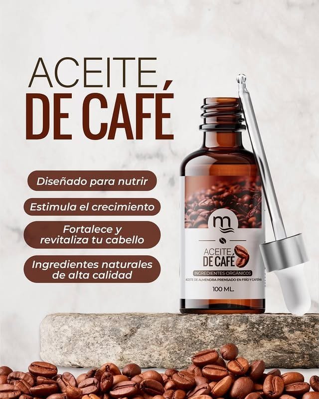 Flacon ambré de 100 ml d'huile de café avec compte-gouttes, entouré de grains de café. L'étiquette indique qu'il s'agit d'un produit naturel conçu pour nourrir, stimuler la croissance, renforcer et revitaliser les cheveux grâce à des ingrédients biologiques.