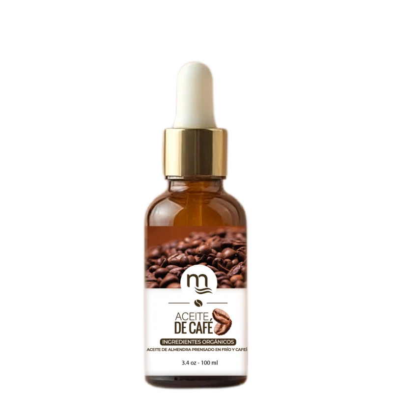 Frasco ámbar de 30 ml con gotero dorado, etiquetado como Aceite de Café natmirelys. La etiqueta muestra granos de café y el texto ‘ingredientes orgánicos’, representando un producto natural para fortalecer y estimular el crecimiento capilar.