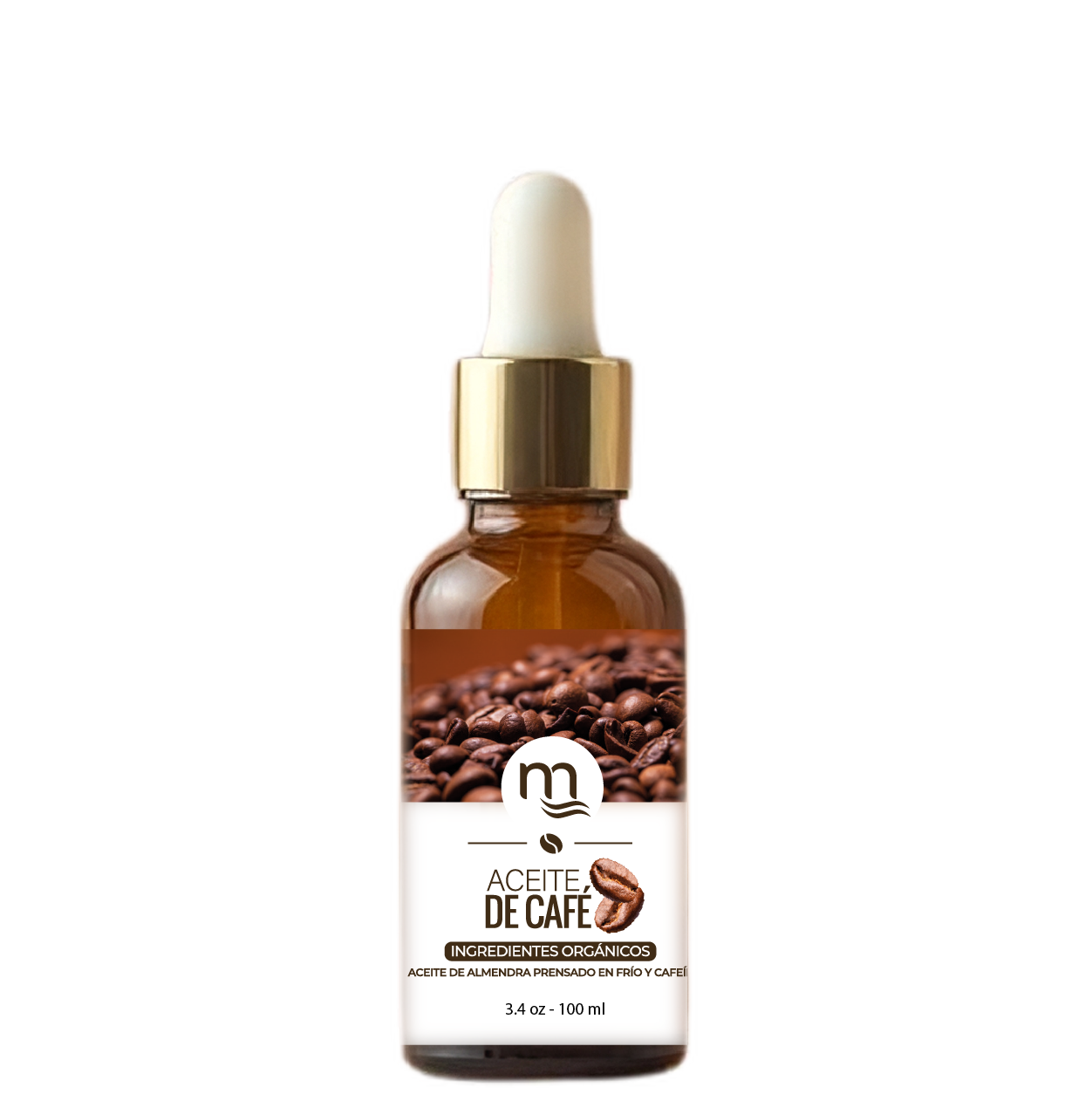 Frasco ámbar de 30 ml con gotero dorado, etiquetado como Aceite de Café natmirelys. La etiqueta muestra granos de café y el texto ‘ingredientes orgánicos’, representando un producto natural para fortalecer y estimular el crecimiento capilar.