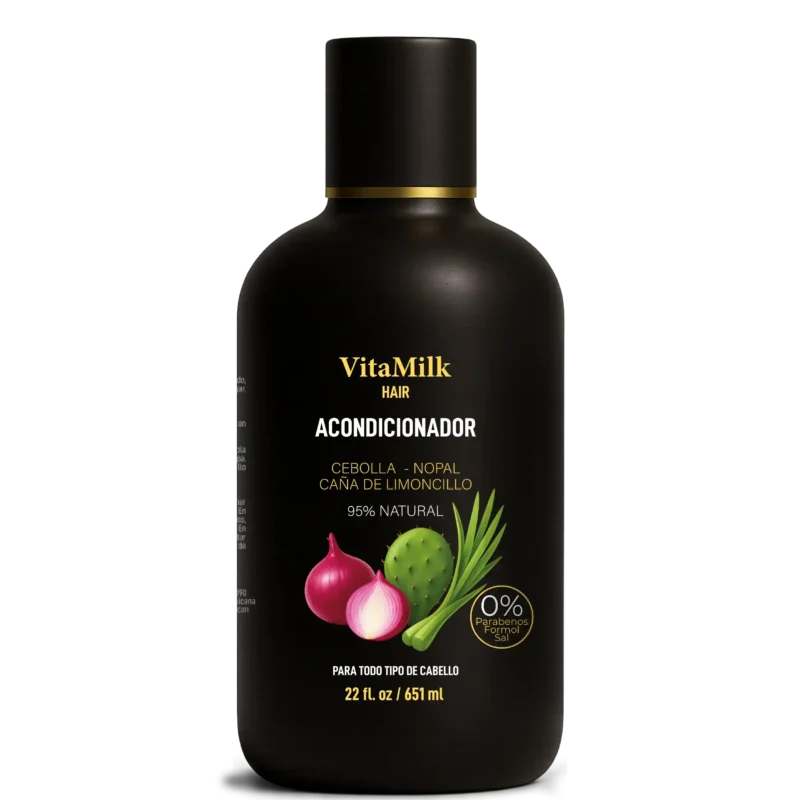 Envase del Acondicionador Cebolla y Nopal VitaMilk Hair, tratamiento capilar que hidrata y fortalece el cabello.