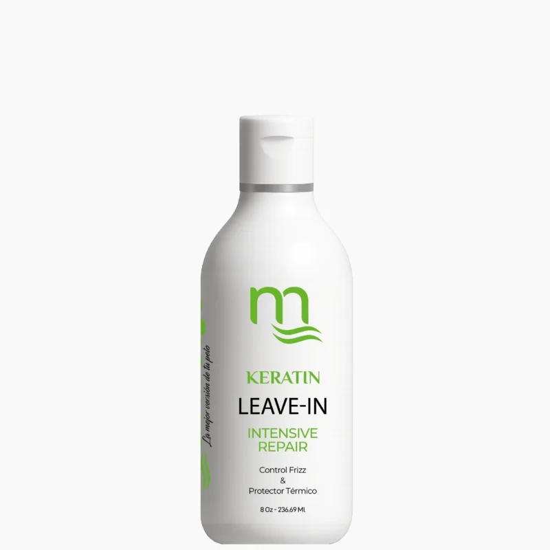 Botella blanca de 236 ml (8 oz) de Keratin Leave-In Intensive Repair natmirelys. En la etiqueta se destacan sus beneficios: control del frizz y protector térmico, con logo verde de la marca.
