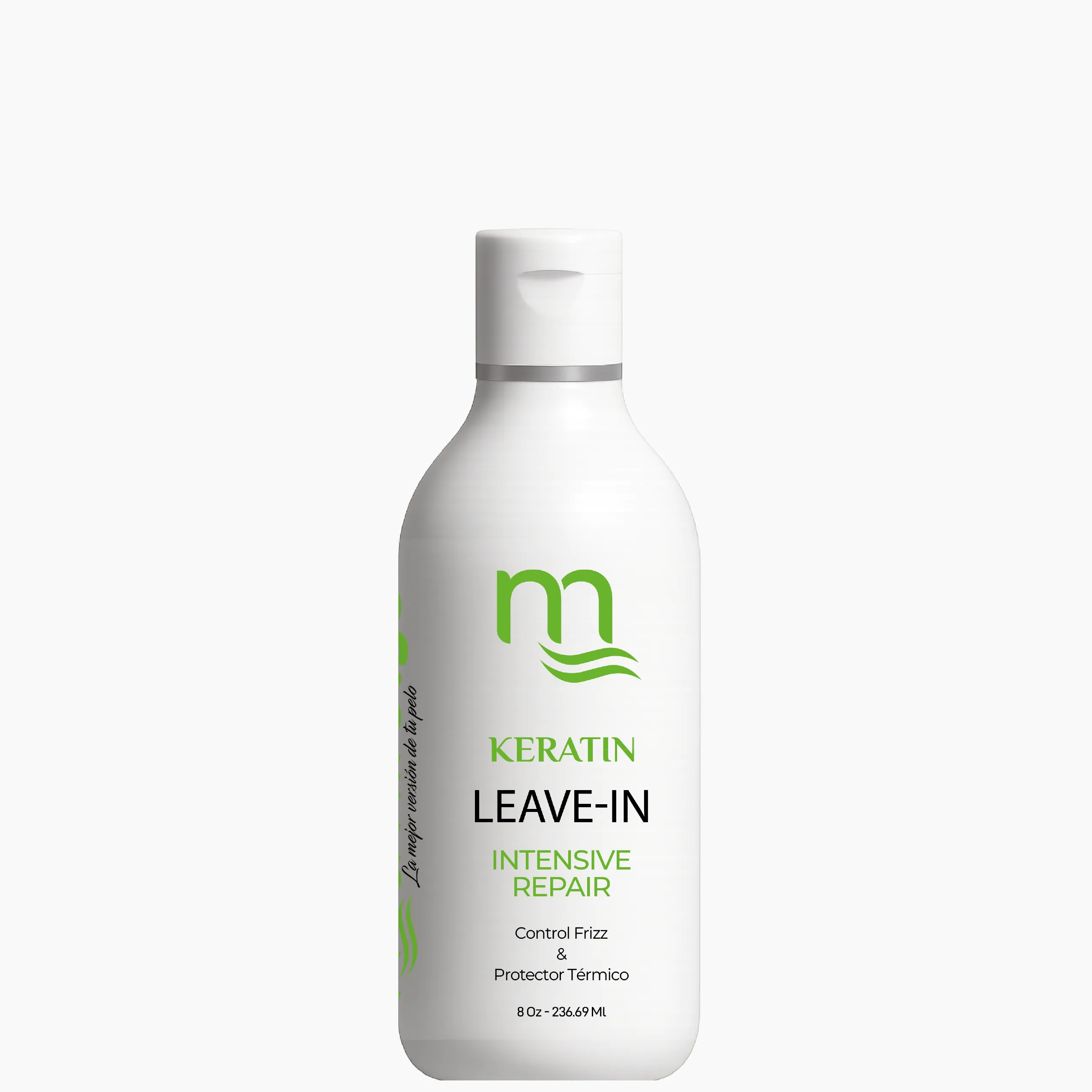 Botella blanca de 236 ml (8 oz) de Keratin Leave-In Intensive Repair natmirelys. En la etiqueta se destacan sus beneficios: control del frizz y protector térmico, con logo verde de la marca.