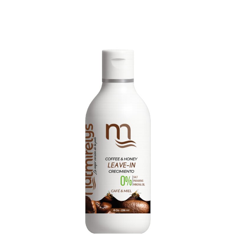 Botella blanca de 236 ml (8 oz) de Leave-In Café & Miel natmirelys. En la etiqueta se destacan los beneficios de crecimiento, sin sal, sin parabenos y sin aceites minerales. El diseño muestra granos de café en la parte inferior.