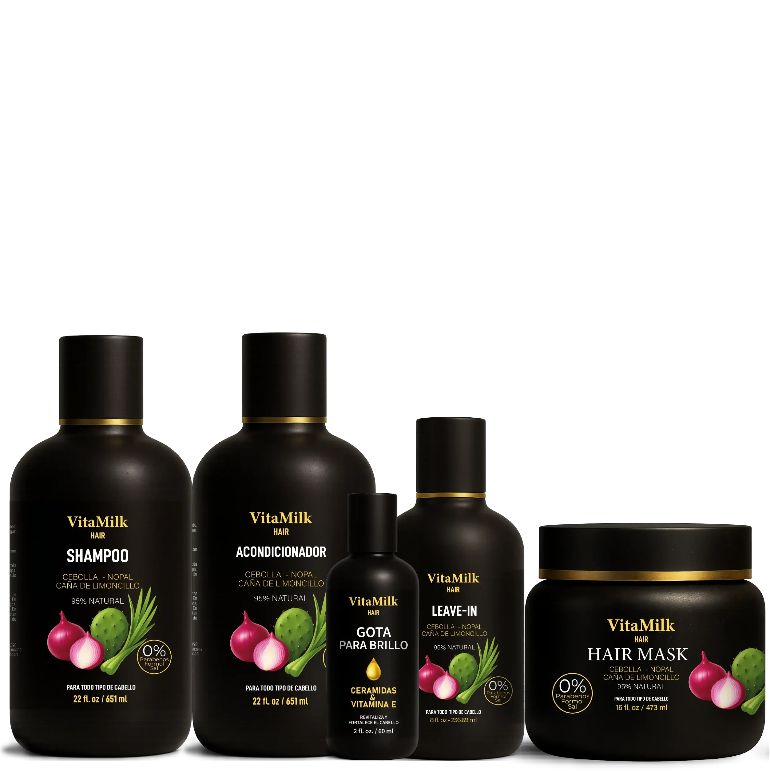 Cinco productos capilares de la línea VitaMilk Hair con extractos de cebolla, nopal y caña de limón, presentados en envases negros elegantes con detalles dorados. Incluye champú, acondicionador, mascarilla, gota para brillo y crema para peinar.