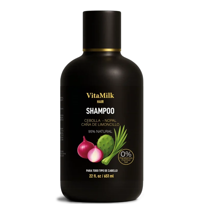 Botella de champú VitaMilk Hair de 16 oz; fórmula nutritiva que limpia y estimula el crecimiento del cabello.