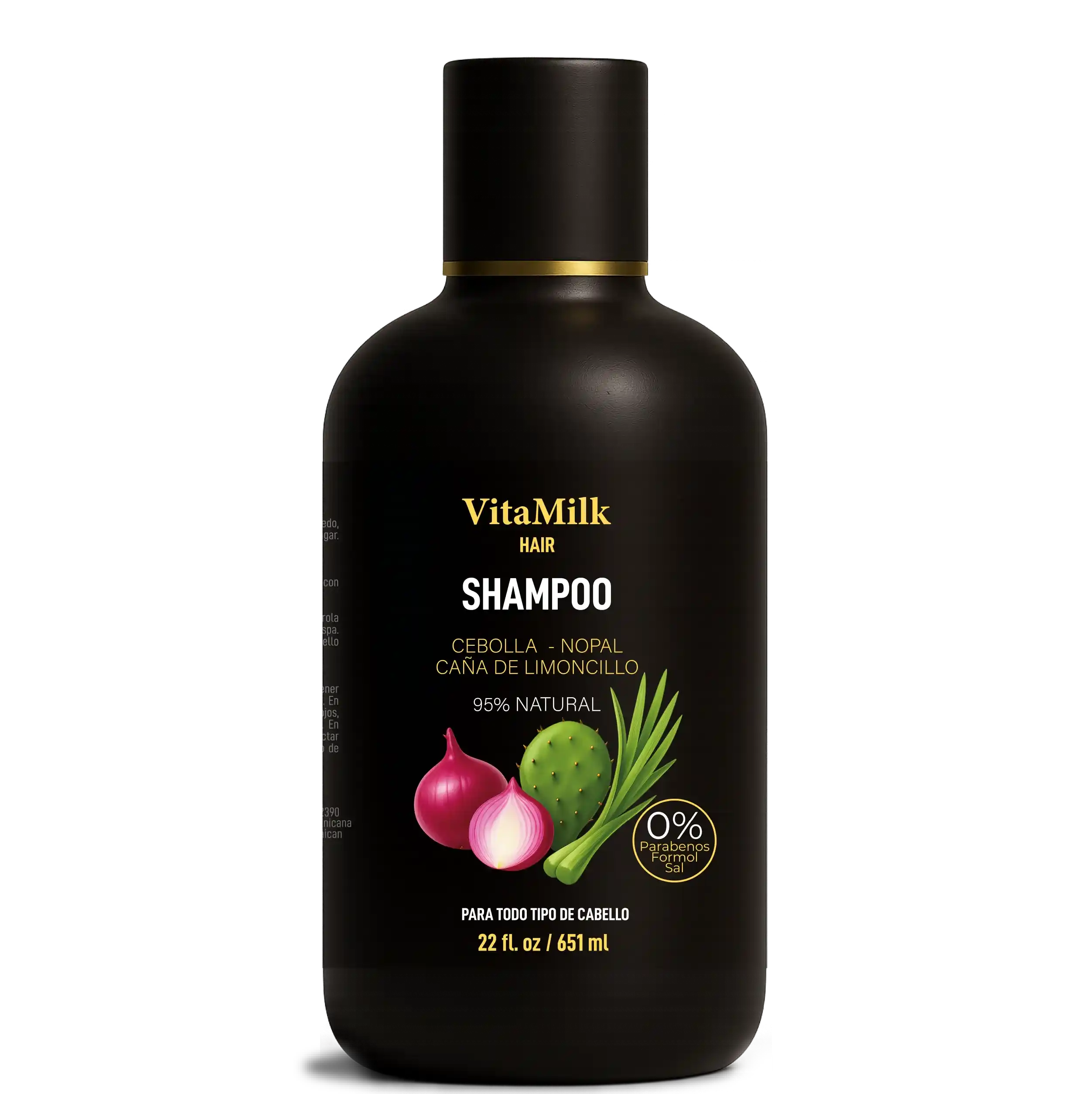 Botella de champú VitaMilk Hair de 16 oz; fórmula nutritiva que limpia y estimula el crecimiento del cabello.