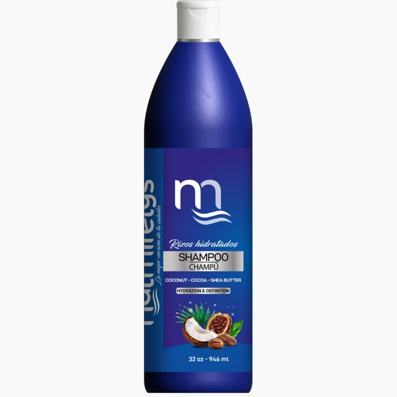 Shampoo hidratante sin sal de la línea Rizos Hidratados de Natmirelys: limpieza suave, hidratación y control del frizz.